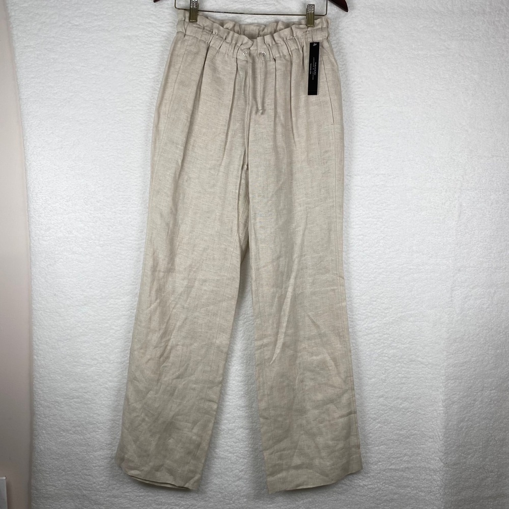 New Tahari Arthur S‎ Levine Womens Linen Wide Leg Paperbag Pants Beige Sz 4